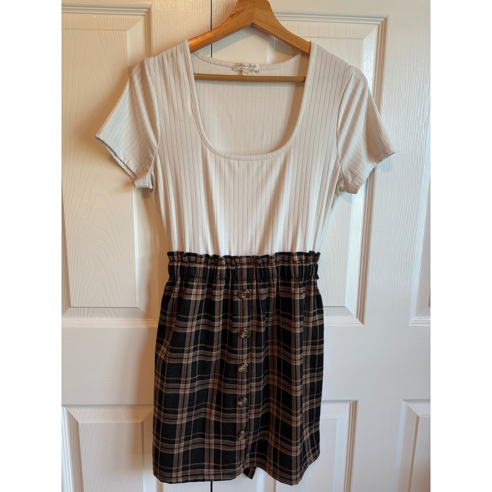 Ultra Flirt Plaid Mini Dress Brown Black Ribbed Top Paperbag Waist Large